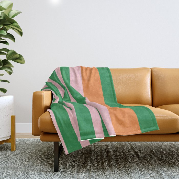 Mixed Stripe Pattern in Green, Pink, and Orange Throw Blanket Gallery Image 1