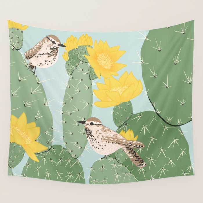 Prickly Pear with Wrens  Wall Tapestry Gallery Image 1
