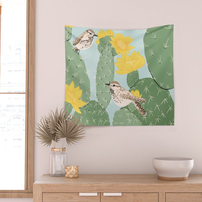 Prickly Pear with Wrens  Wall Tapestry Gallery Image 2