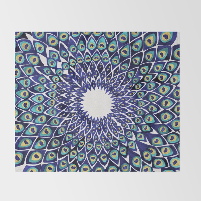 Peacock Mandala - Navy & Gold Throw Blanket Gallery Image 2