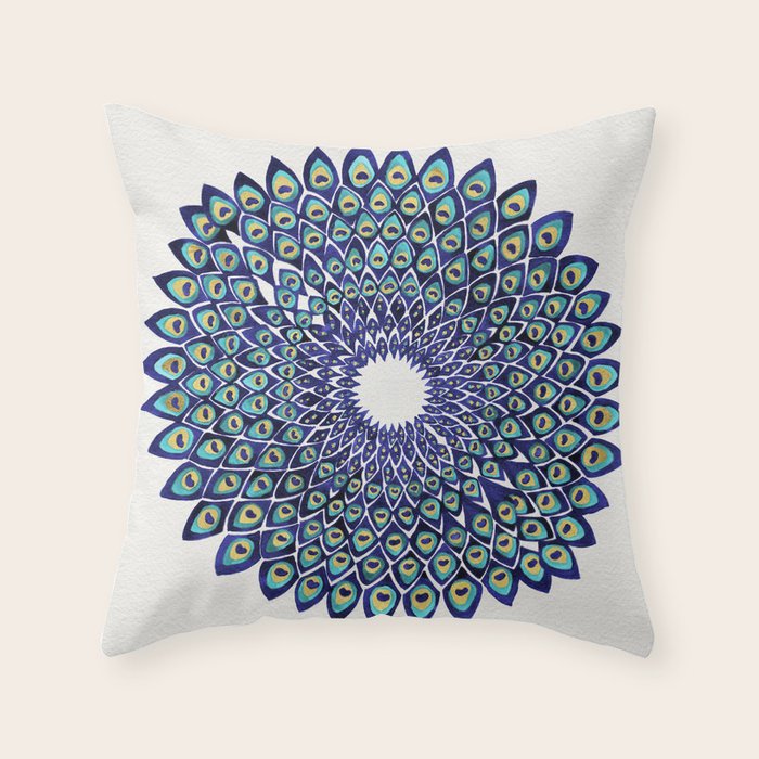 Peacock Mandala - Navy & Gold Throw Pillow Gallery Image 6