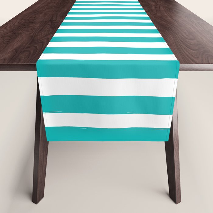 Turquoise and White Cabana Stripes Palm Beach Preppy Table Runner Gallery Image 1