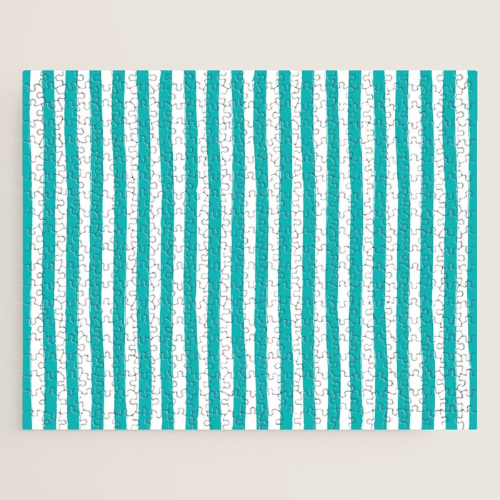 Turquoise and White Cabana Stripes Palm Beach Preppy Jigsaw Puzzle Gallery Image 1