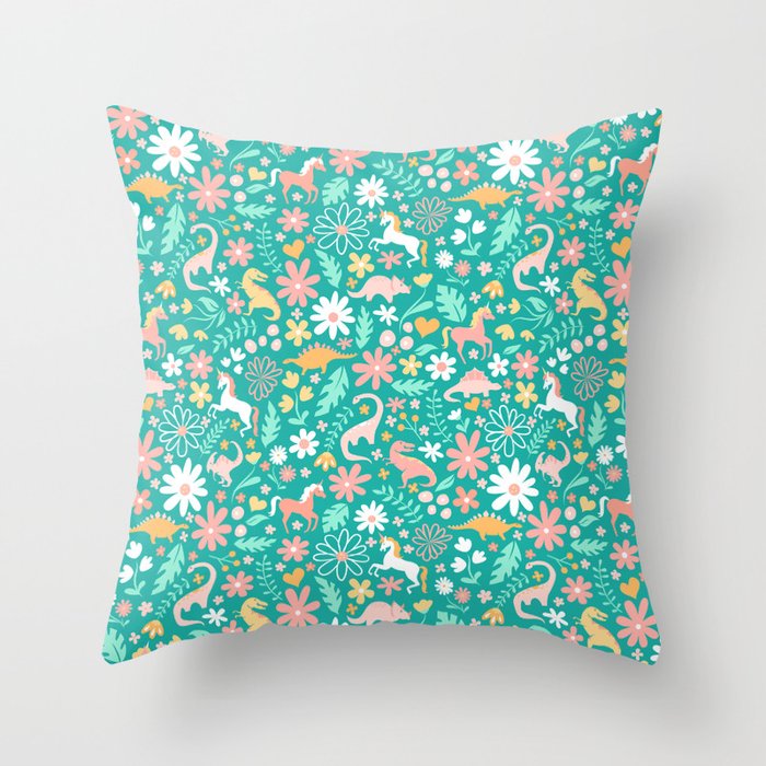 Dinosaurs + Unicorns on Teal Throw Pillow Gallery Image 1