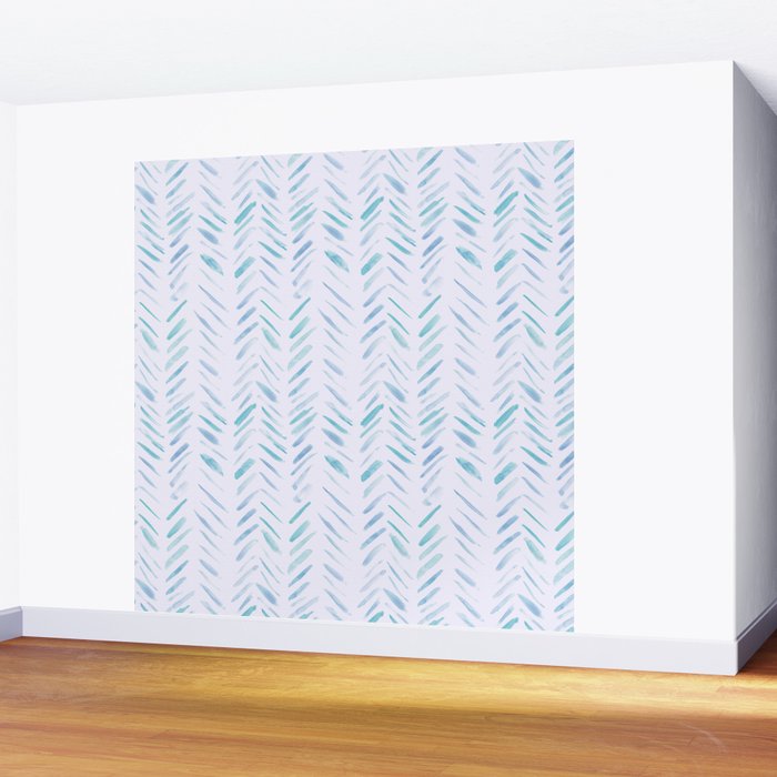 Baby blue and teal herringbone - watercolor brush strokes Wall Mural Gallery Image 2