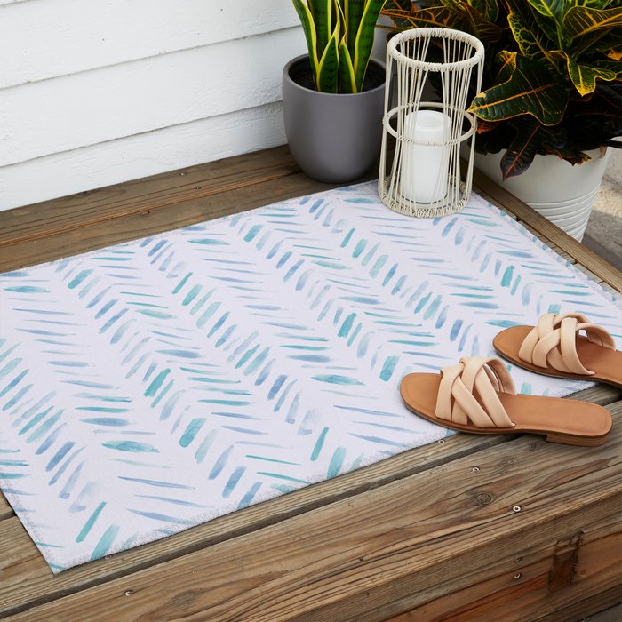 Baby blue and teal herringbone - watercolor brush strokes Outdoor Rug Gallery Image 2