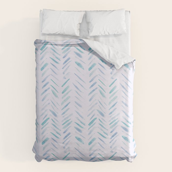 Baby blue and teal herringbone - watercolor brush strokes Duvet Cover Gallery Image 1