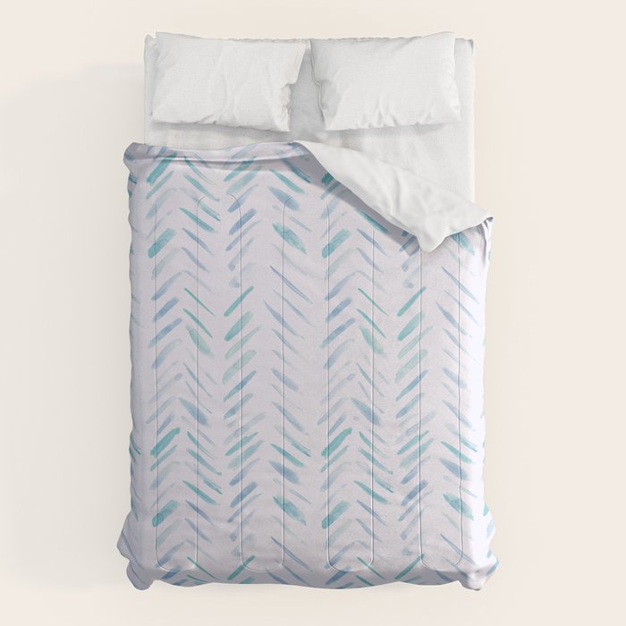 Baby blue and teal herringbone - watercolor brush strokes Comforter Gallery Image 6