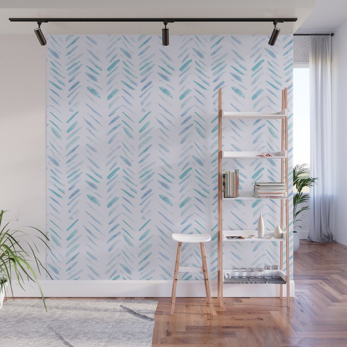 Baby blue and teal herringbone - watercolor brush strokes Wall Mural Gallery Image 1