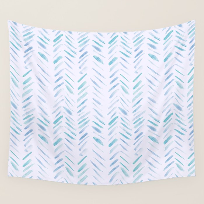 Baby blue and teal herringbone - watercolor brush strokes Wall Tapestry Gallery Image 4