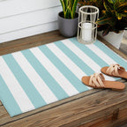Vertical Stripes in Light Robins Egg Blue and White Outdoor Rug Gallery Image 2