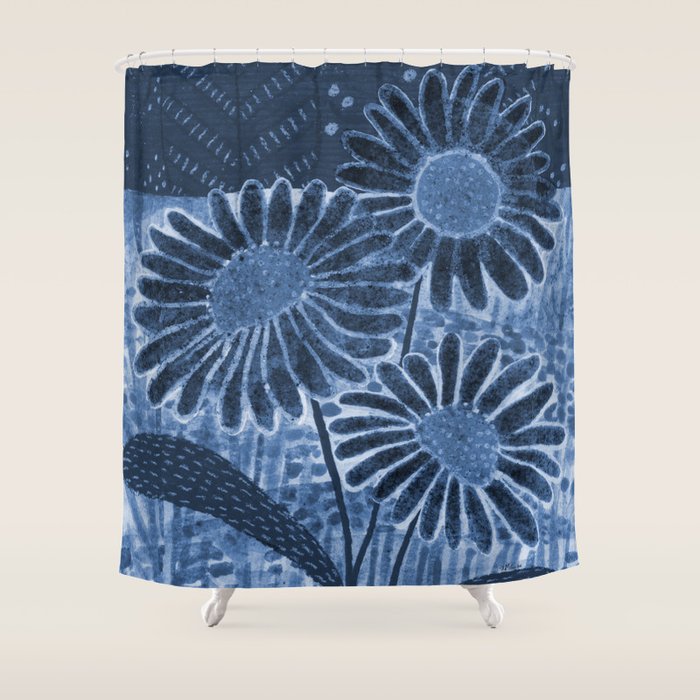 Daisies in Country Field Painting in Navy Blue Shower Curtain Gallery Image 1