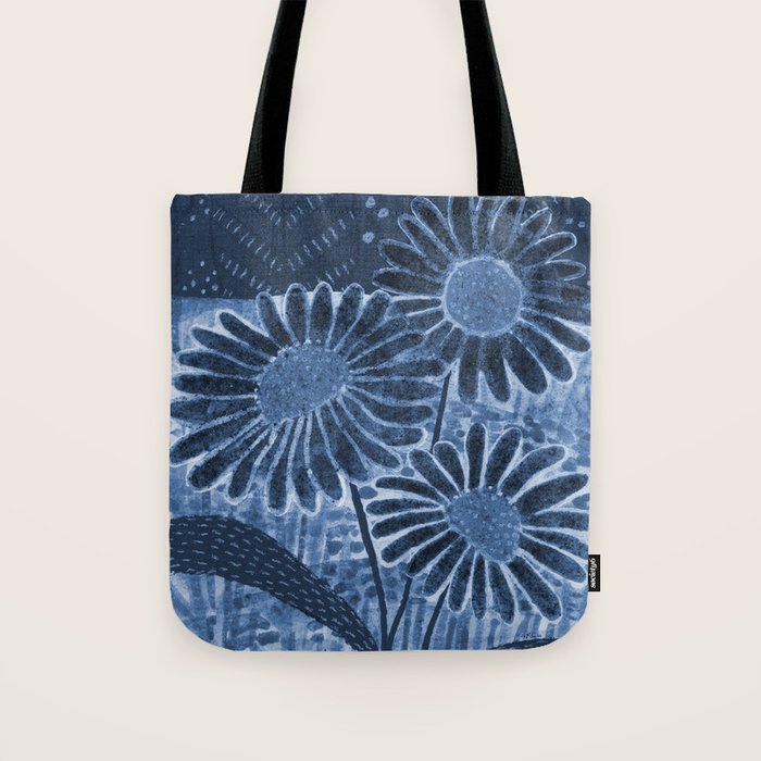 Daisies in Country Field Painting in Navy Blue Tote Bag Gallery Image 1