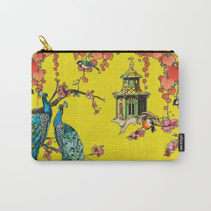 Vintage Oriental Peacocks, Peonies, Birds & Pagodas Print Carry All Pouch Gallery Image 1