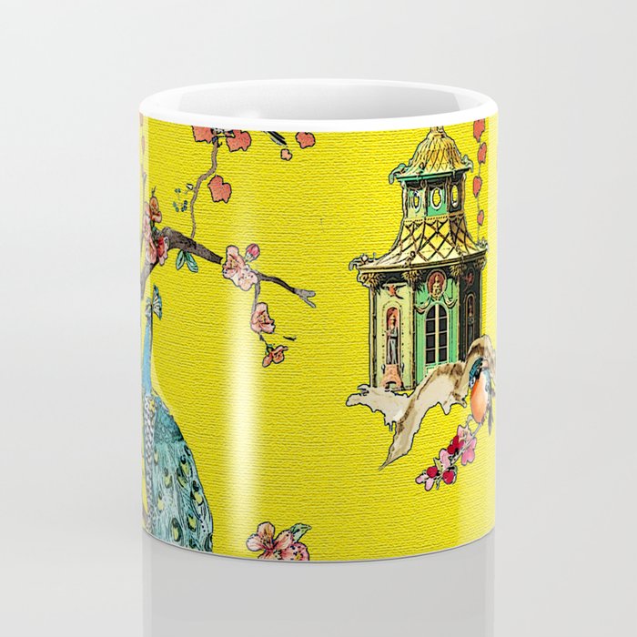 Vintage Oriental Peacocks, Peonies, Birds & Pagodas Print Coffee Mug Gallery Image 4