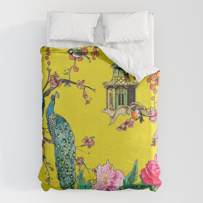 Vintage Oriental Peacocks, Peonies, Birds & Pagodas Print Duvet Cover Gallery Image 1