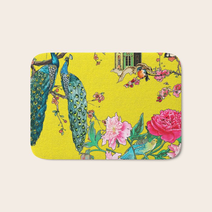 Vintage Oriental Peacocks, Peonies, Birds & Pagodas Print Bath Mat Gallery Image 1