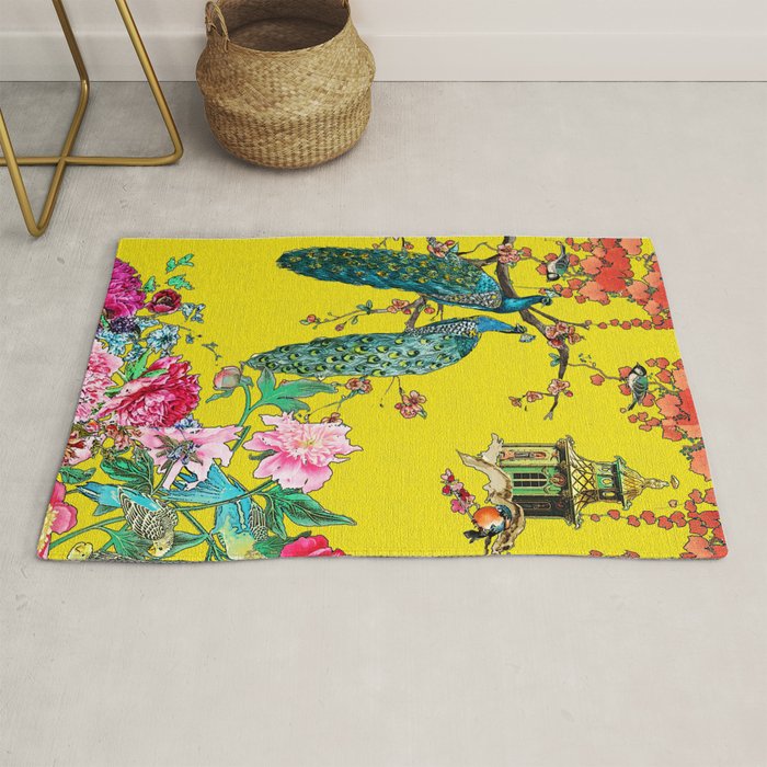 Vintage Oriental Peacocks, Peonies, Birds & Pagodas Print Rug Gallery Image 1