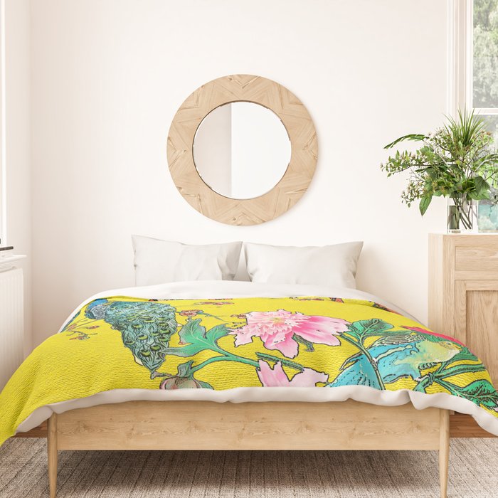 Vintage Oriental Peacocks, Peonies, Birds & Pagodas Print Duvet Cover Gallery Image 3