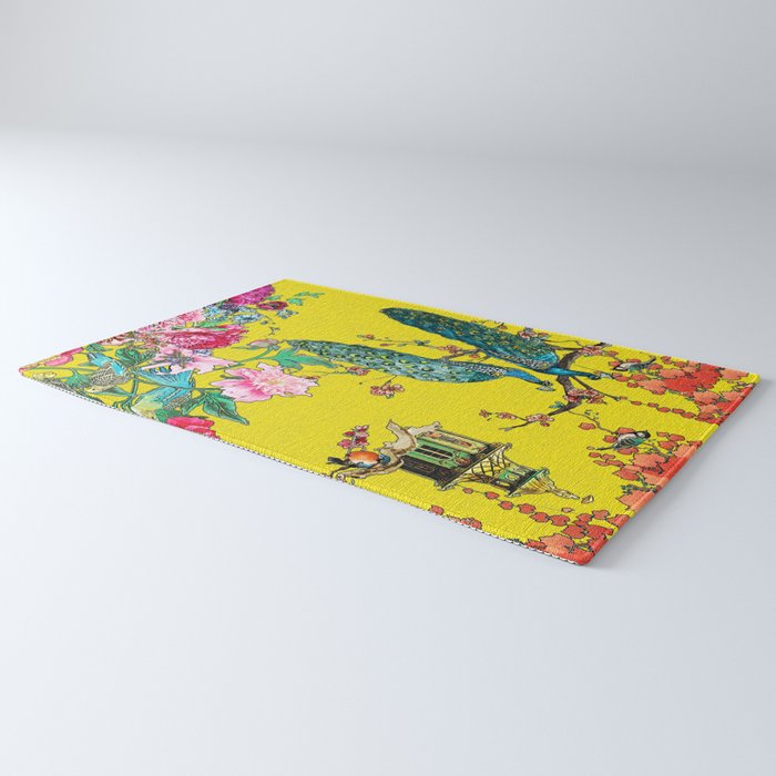 Vintage Oriental Peacocks, Peonies, Birds & Pagodas Print Rug Gallery Image 3