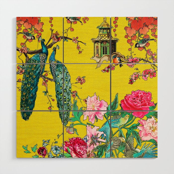 Vintage Oriental Peacocks, Peonies, Birds & Pagodas Print Wood Wall Art Gallery Image 1