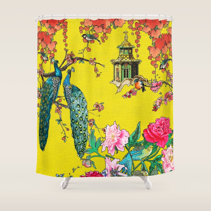 Vintage Oriental Peacocks, Peonies, Birds & Pagodas Print Shower Curtain Gallery Image 1