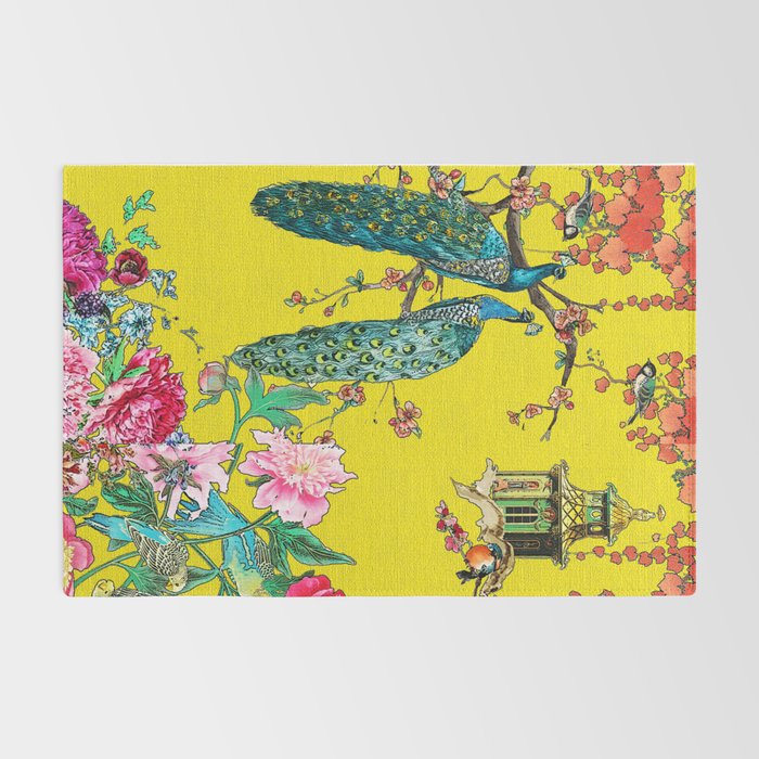 Vintage Oriental Peacocks, Peonies, Birds & Pagodas Print Rug Gallery Image 2