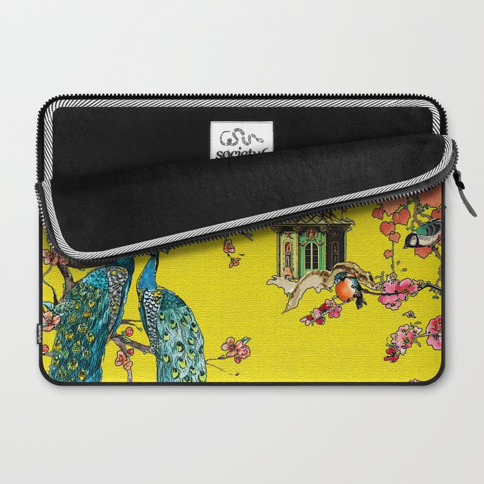 Vintage Oriental Peacocks, Peonies, Birds & Pagodas Print Laptop Sleeve Gallery Image 2