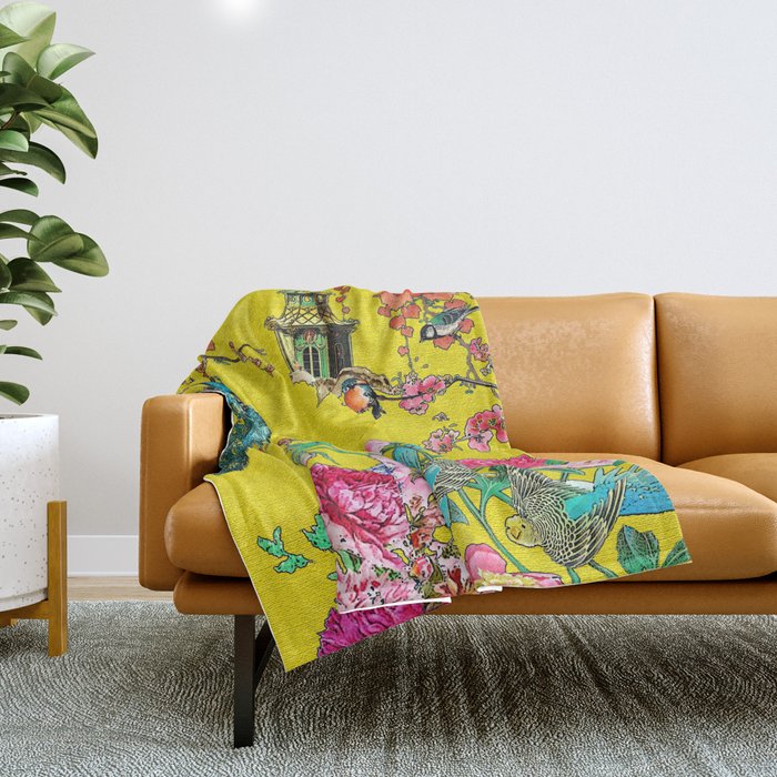 Vintage Oriental Peacocks, Peonies, Birds & Pagodas Print Throw Blanket Gallery Image 1