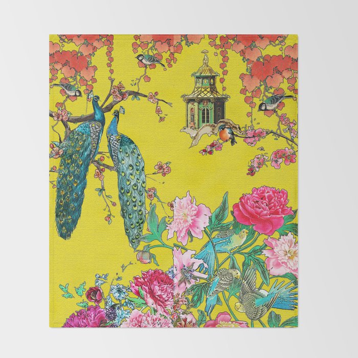 Vintage Oriental Peacocks, Peonies, Birds & Pagodas Print Throw Blanket Gallery Image 2