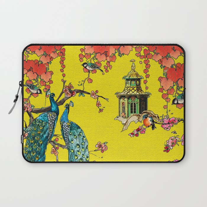 Vintage Oriental Peacocks, Peonies, Birds & Pagodas Print Laptop Sleeve Gallery Image 1
