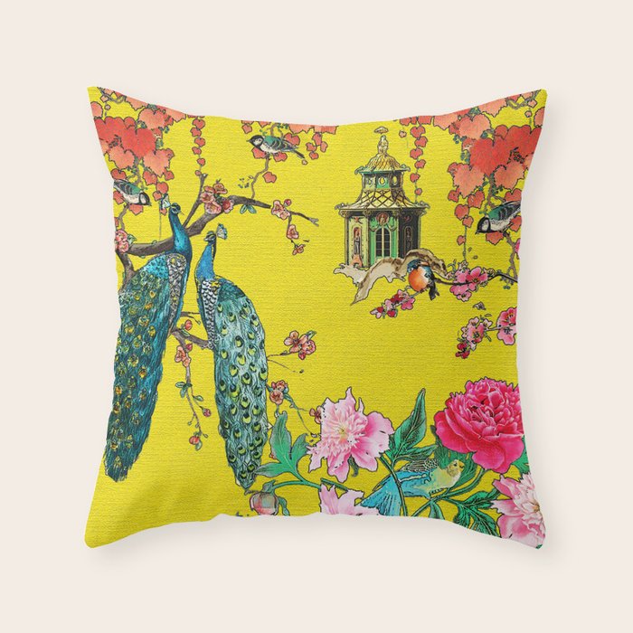 Vintage Oriental Peacocks, Peonies, Birds & Pagodas Print Throw Pillow Gallery Image 1