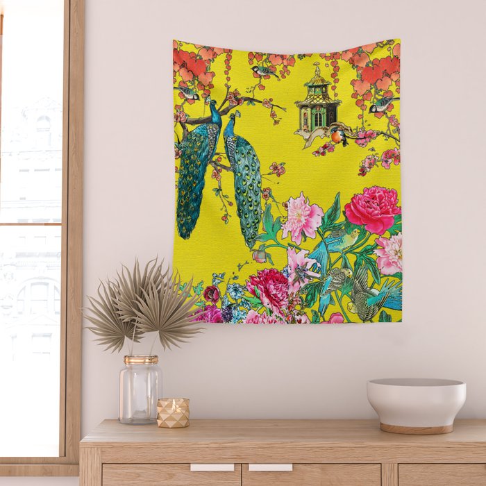 Vintage Oriental Peacocks, Peonies, Birds & Pagodas Print Wall Tapestry Gallery Image 2
