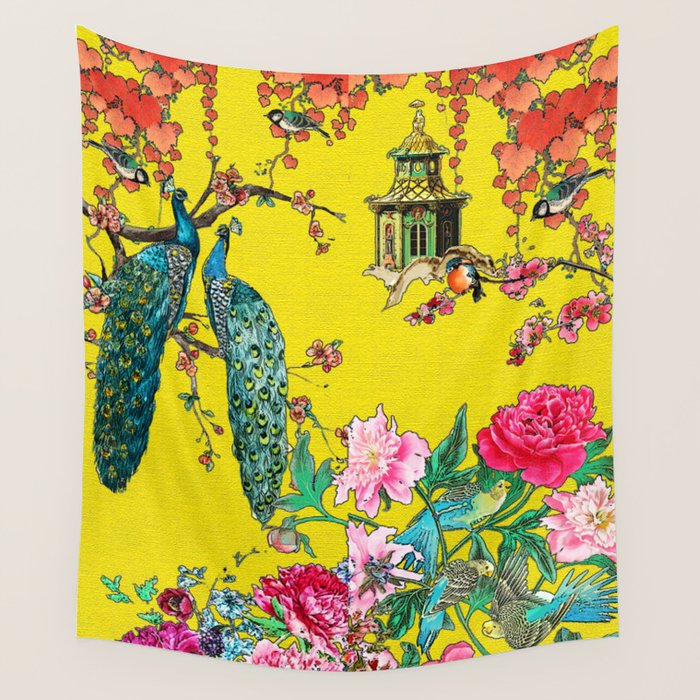 Vintage Oriental Peacocks, Peonies, Birds & Pagodas Print Wall Tapestry Gallery Image 1
