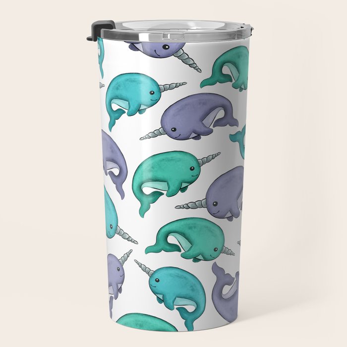 Narwhal Print, Blue, Green, Purple Narwhals Travel Mug Gallery Image 3