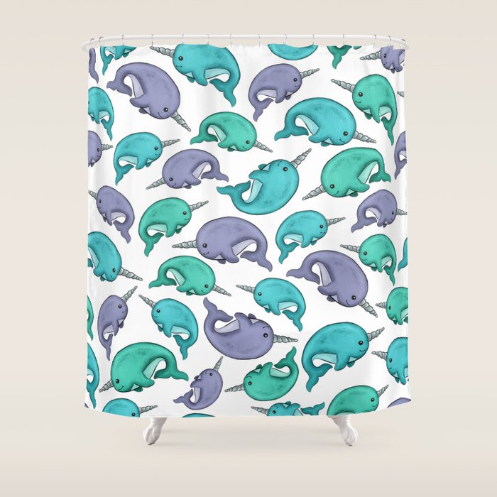 Narwhal Print, Blue, Green, Purple Narwhals Shower Curtain Gallery Image 1