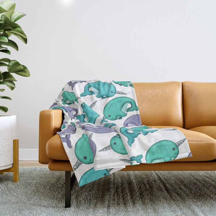 Narwhal Print, Blue, Green, Purple Narwhals Throw Blanket Gallery Image 1