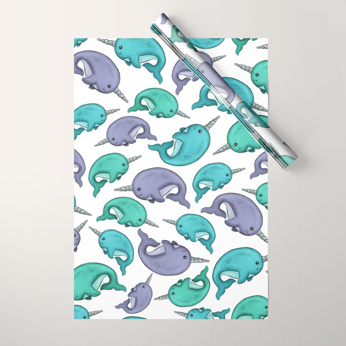Narwhal Print, Blue, Green, Purple Narwhals Wrapping Paper Gallery Image 1