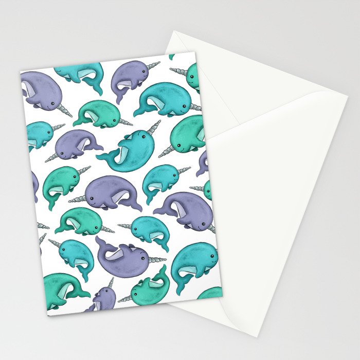 Narwhal Print, Blue, Green, Purple Narwhals Stationery Card Gallery Image 2