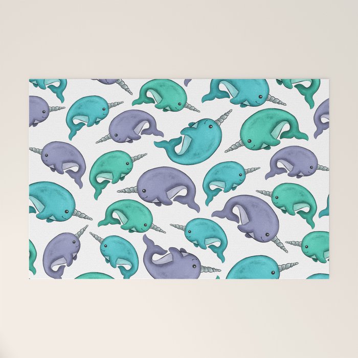 Narwhal Print, Blue, Green, Purple Narwhals Welcome Mat Gallery Image 1