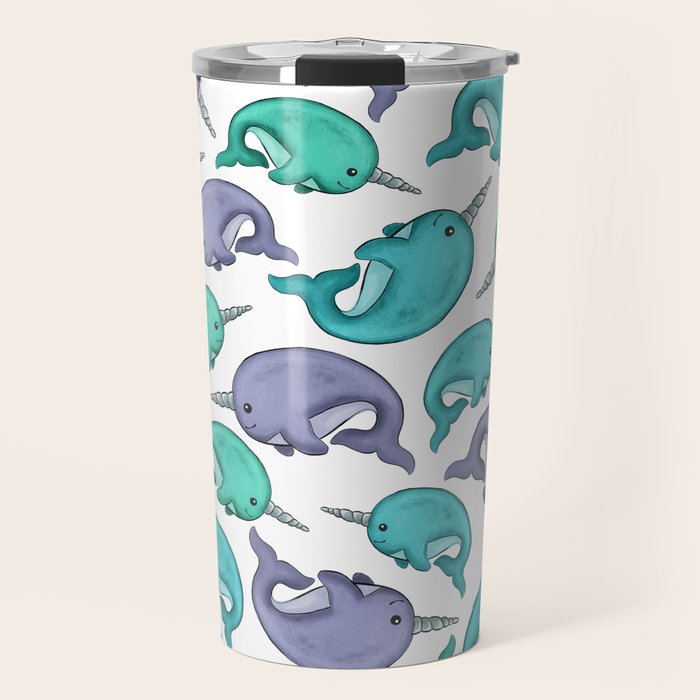 Narwhal Print, Blue, Green, Purple Narwhals Travel Mug Gallery Image 1