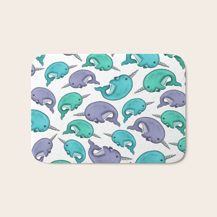 Narwhal Print, Blue, Green, Purple Narwhals Bath Mat Gallery Image 1