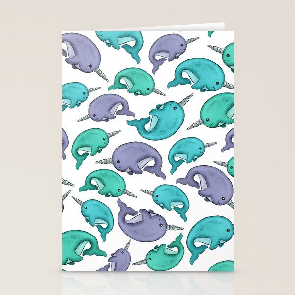 Narwhal Print, Blue, Green, Purple Narwhals Stationery Card Gallery Image 1