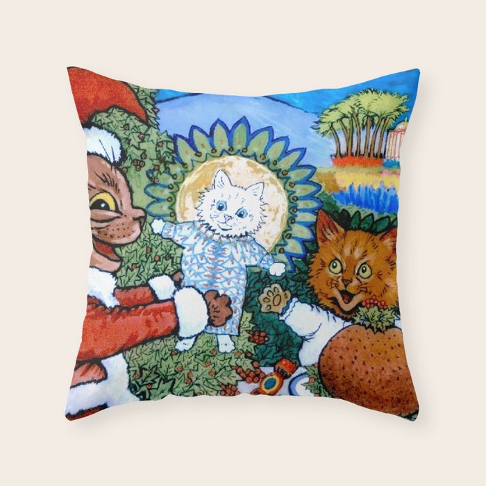 'Christmas Gift' Louis Wain Vintage Cat Throw Pillow Gallery Image 1