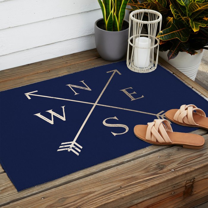 Gold on Navy Blue Compass Outdoor Rug Gallery Image 2