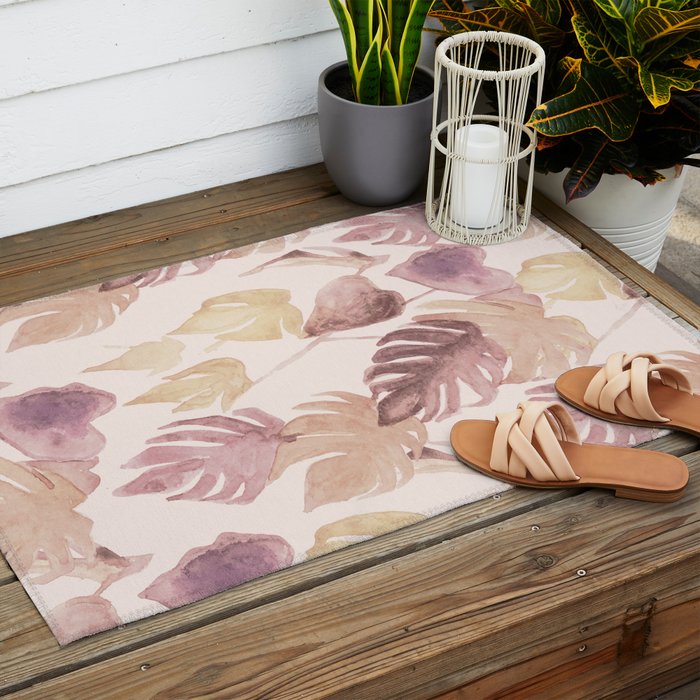 Modern boho pink tropical watercolour palms Outdoor Rug Gallery Image 2