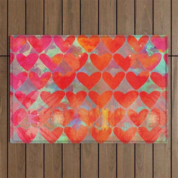 Love Overload, Maximalist Color Pop red Graphic Hearts, Valentine's Day Passion Colorful Outdoor Rug Gallery Image 1