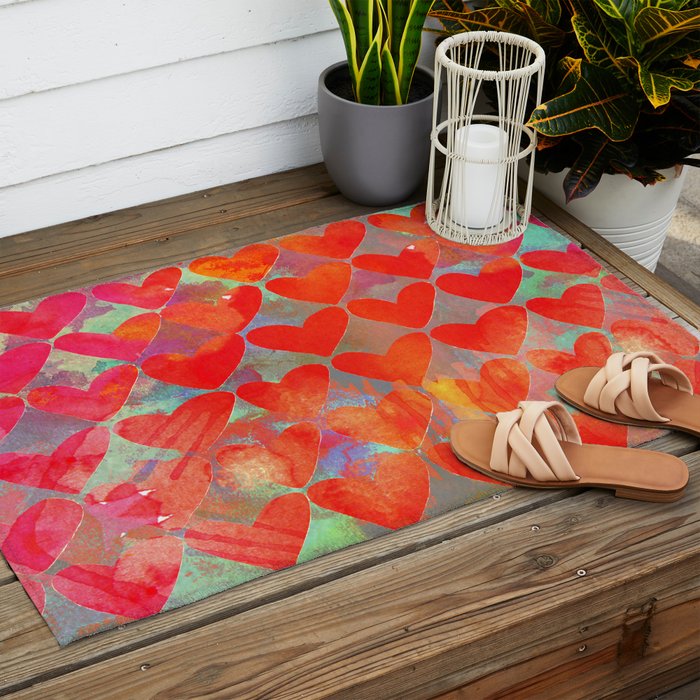 Love Overload, Maximalist Color Pop red Graphic Hearts, Valentine's Day Passion Colorful Outdoor Rug Gallery Image 2