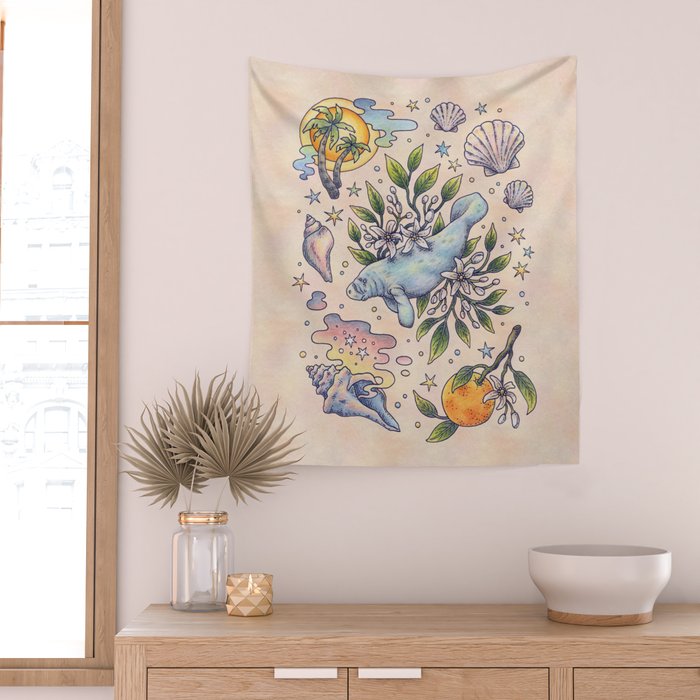 Orange Blossom Manatee | Ocean Nature Art Wall Tapestry Gallery Image 2