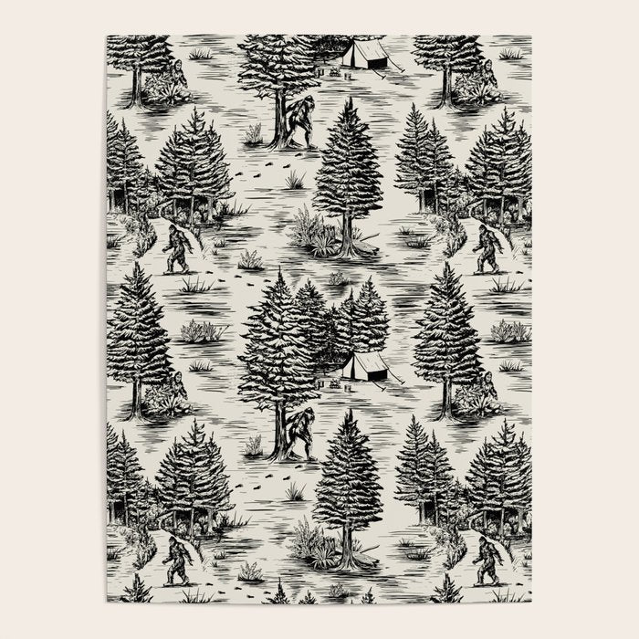 Bigfoot / Sasquatch Toile de Jouy in Black Poster Gallery Image 4